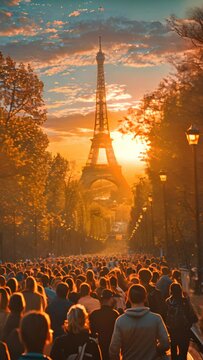 The olympic event held in Paris, running track perspective meeting Eiffel tower in a distance, festive, confetti, party people, generative ai