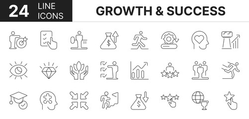 Collection of 24 Growth and success line icons featuring editable strokes. These outline icons depict various modes of Growth and success, development, business, team, management, creative,