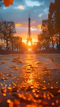 The olympic event held in Paris, running track perspective meeting Eiffel tower in a distance, festive, confetti, party people, generative ai