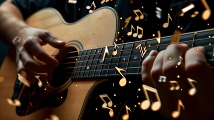 Playing the Guitar: Close-up of hands strumming the strings of an acoustic guitar, with musical...
