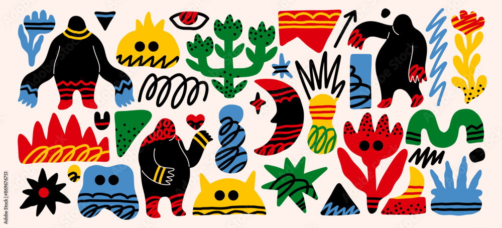 Poster abstract scribbles. doodle color shapes. modern flower art cute poster. face funny elements in cubis