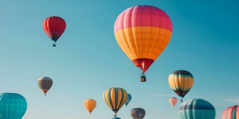 Vibrant hot air balloons of different shapes and sizes soaring at a festival. Concept Hot Air Balloons, Festival, Vibrant Colors, Joyful Moments, Aerial Photography