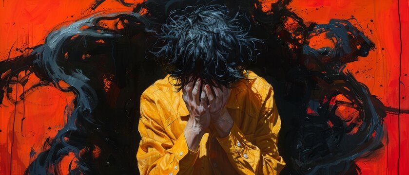 Concealed Shame - Abstract Portrait of a Person Hiding Face in Hands Surrounded by Dark Shadows
