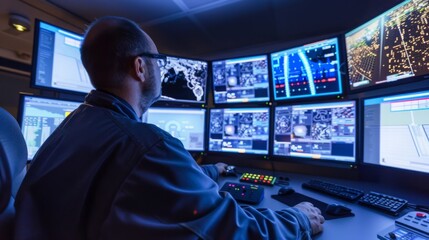 A man sits in front of multiple computer screens in a control room, likely monitoring a system or operation. The screens display various data and information.