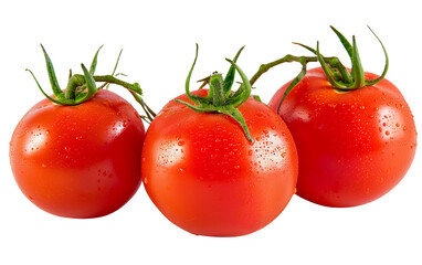 Fresh red tomatoes with green stems isolated on white background. Perfect for recipes, salads, and healthy eating concepts.