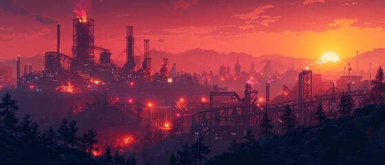 Naklejka premium Glowing Sunset in Abstract: Rare Metal Mining Operation with Illuminated Machinery