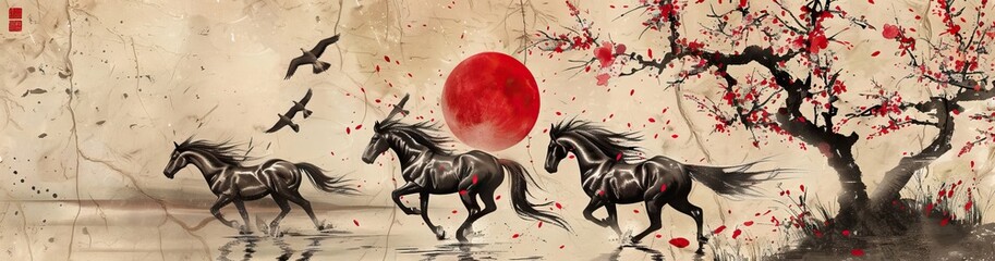 Rearing up horse with ink or watercolor blots stains and autumn tree with fall leaves. Old dirty grunge hand painting art of stallion silhouette. AI generated illustration