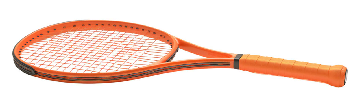 High-quality orange tennis racket isolated on white background. Perfect sports equipment for racket sports and tennis enthusiasts.