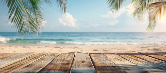 Fototapeta premium Empty, wooden surface on beach background, advertising banner Summer mockup for design and product display.