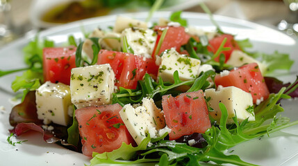 juicy red ripe watermelon salad with cheese in a restaurant, fruit, harvest, food, dessert, healthy...