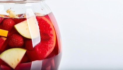 Refreshing summer berry sangria cocktail with apples, oranges, pineapple, strawberry, grapes and blueberry in a pitcher. perfect summer time celebration alcohol drink.  isolated on white background
