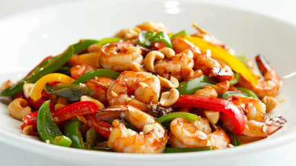 A plate of shrimp and vegetables with a white background