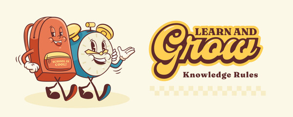 Fototapeta premium Groovy Back to School Retro Characters Banner. Cartoon Alarm Clock and Backpack. Vector Education Mascot Templates. Happy Vintage Cool Learning Personage Illustrations Isolated