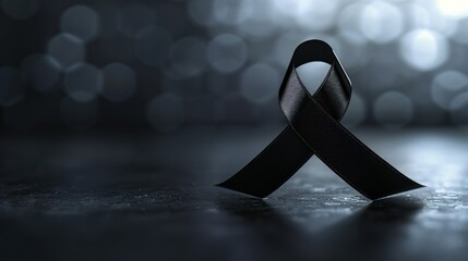 Black support ribbon on dark background banner with copy space. Funeral concept.