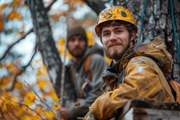 Obraz premium Young Man Wearing Yellow Hard Hat Smiles While Working in the Woods