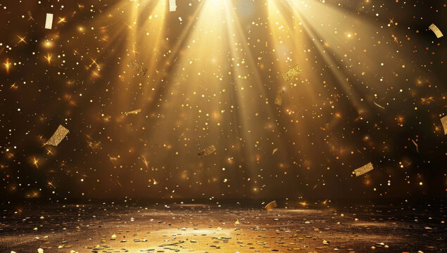 Abstract golden shiny stage background with spotlight and falling confetti