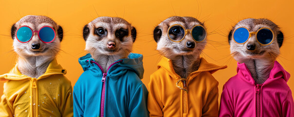 Creative animal concept with a group of meerkats wearing vibrant and fashionable outfits against a solid background, ideal for birthday party invites or advertisement.