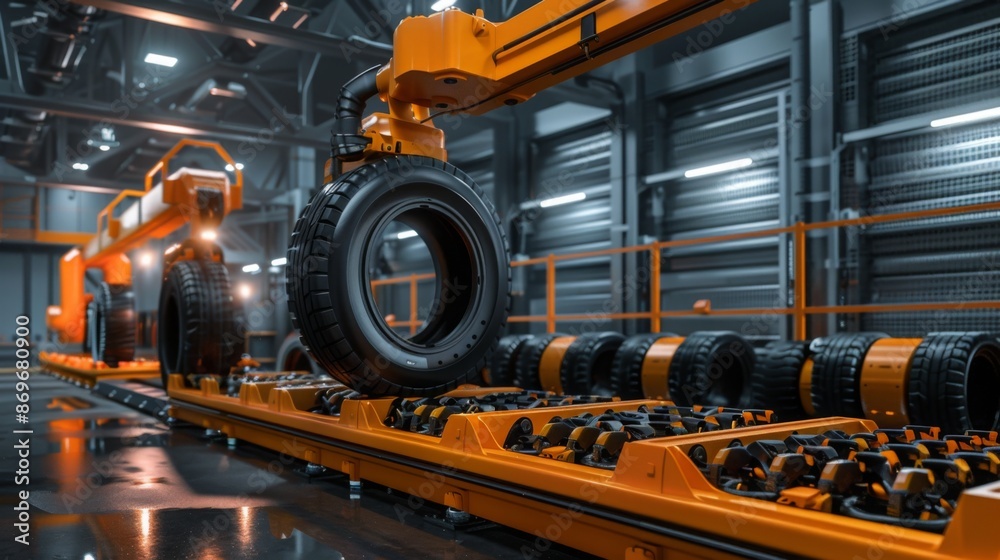 Poster An automated robotic arm moves a tire along a conveyor belt in a factory setting. The tire is being transported to a different location for further processing.
