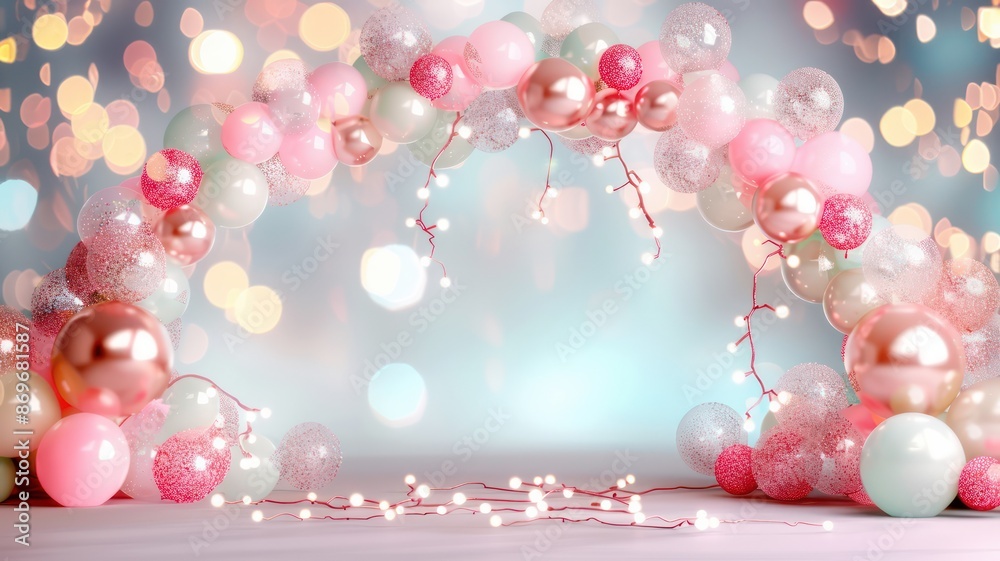 Poster a pink archway with a bunch of pink and white balloons. the balloons are scattered all over the arch