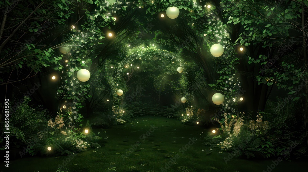 Poster a dark forest with a green archway and white lights hanging from it. the archway is surrounded by tr