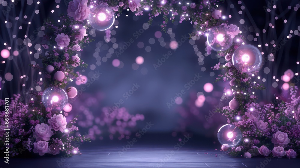 Poster a purple archway with flowers and lights. the archway is the main focus of the image, and the flower