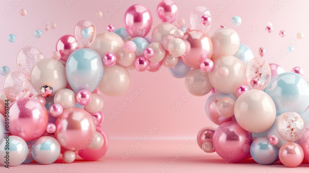 Poster a pink and blue archway made of balloons. the balloons are arranged in a way that creates a sense of