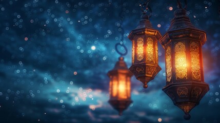 Fototapeta premium Glowing Traditional Arabic Lanterns against a starry night sky background. Concept for Ramadan, Islam, Islamic holidays, Eid Mubarak, and religious celebrations.