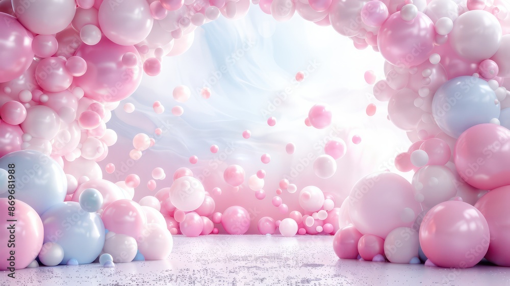 Poster a room with pink and white balloons in the shape of a tunnel. the balloons are scattered throughout 