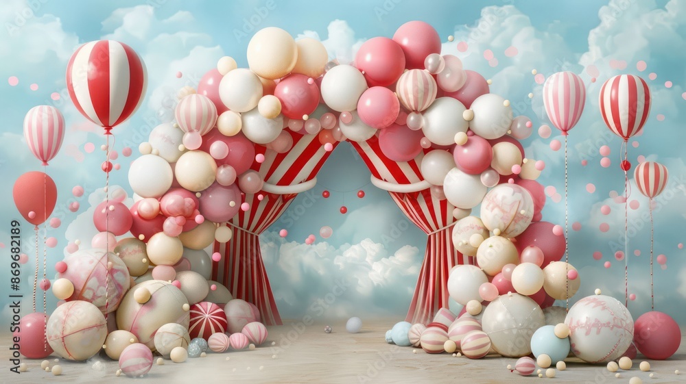 Poster a large archway of balloons is decorated with red and white stripes. the balloons are scattered thro