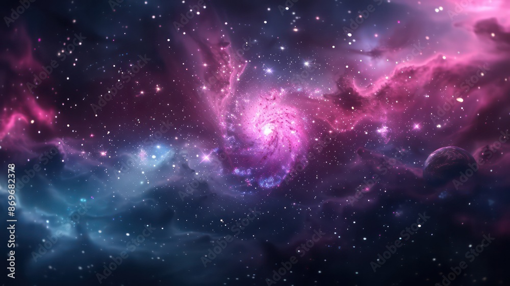 Poster a space scene with a spiral galaxy in the center and stars surrounding it. the colors are purple and