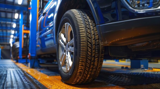 Close-up of a car tire in a garage setting, highlighting tread details. Tire is on a lift with blue and orange accents in the background.