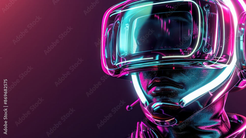 Poster a man in a virtual reality headset is wearing a black suit. the image is in neon colors and has a fu