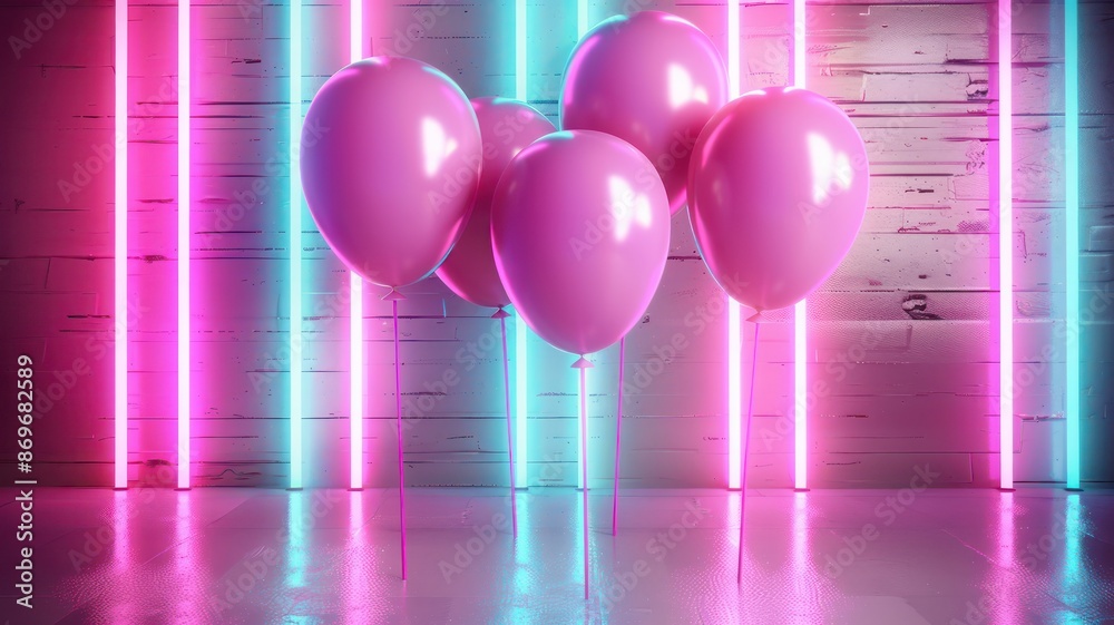 Poster pink balloons are arranged in a row in front of neon lights. scene is bright and cheerful