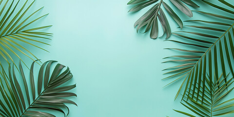 Tropical leaves on mint green foy, promotional banner Summer mockup for design and product display.