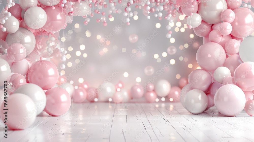 Poster a pink and white room with a pink archway and pink and white balloons. the balloons are scattered th