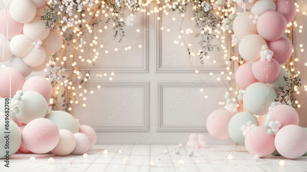 Aufkleber a room with pink and green balloons and lights. the balloons are arranged in a way that creates a se