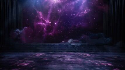 A dark room with a purple sky and stars