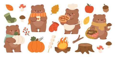 Cute Autumn Season animal set vector. Collection of grizzly bear, scarf, pie, apple, mushroom, fire camp, leaf, pumpkin, fall season element. Adorable bear characters illustration for decoration.