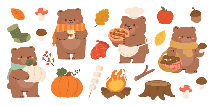 Cute Autumn Season animal set vector. Collection of grizzly bear, scarf, pie, apple, mushroom, fire camp, leaf, pumpkin, fall season element. Adorable bear characters illustration for decoration. - Powered by Adobe
