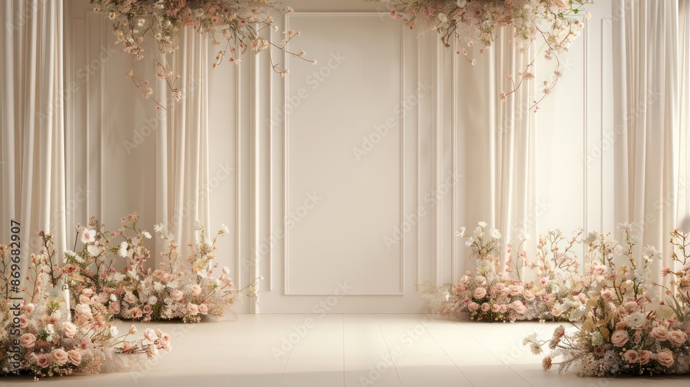 Poster a white room with a long curtain and flowers. the room is empty and has a very clean and elegant loo