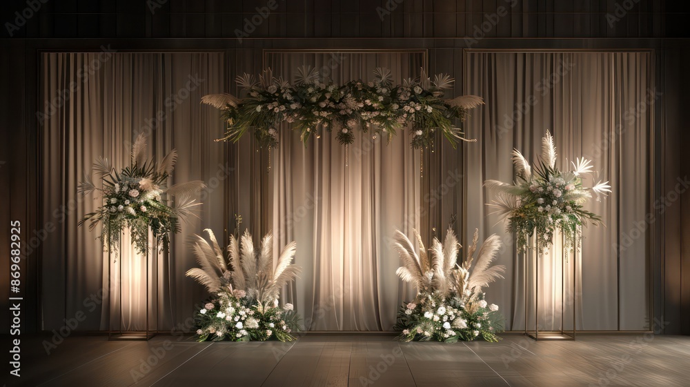 Poster a large floral arrangement with a white archway is displayed in front of a curtain. the arrangement 