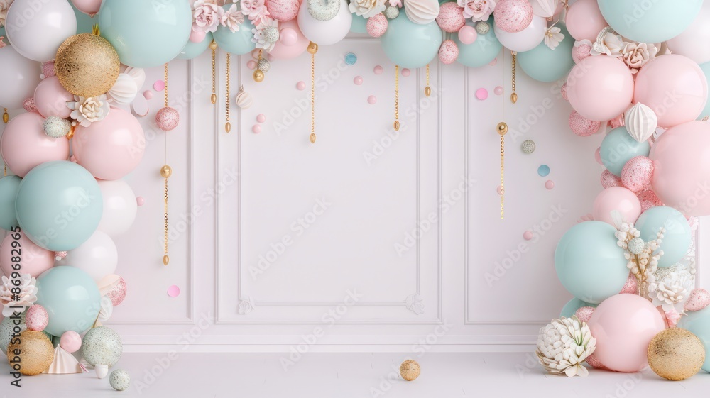 Poster a white background with a pink and blue arch of balloons. the arch is suspended from the ceiling, cr
