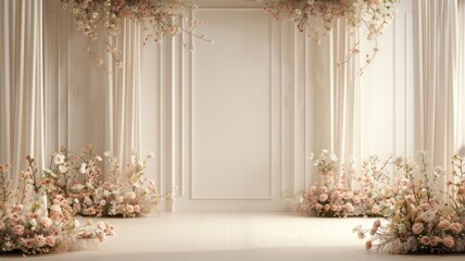 A white room with a long curtain and flowers. The room is empty and has a very clean and elegant look