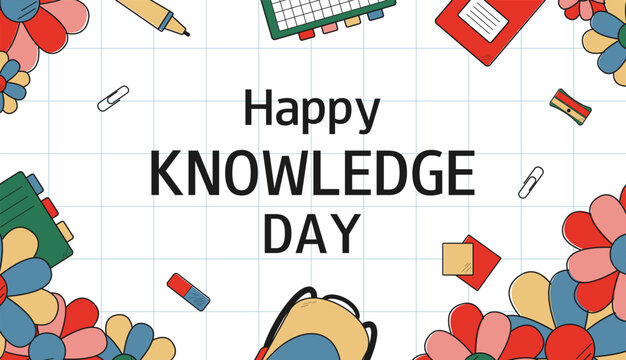 Back to school background in doodle style. Happy knowledge day checkered sheet with school supplies. Template for banner, flyer, presentation, card, poster.