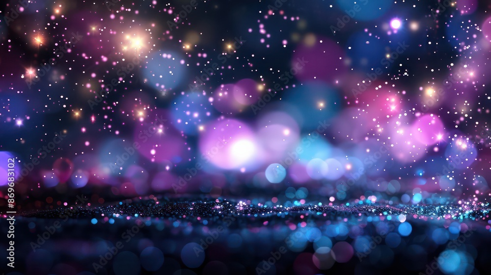 Poster a colorful, starry background with a blue and purple hue. the background is filled with many small, 