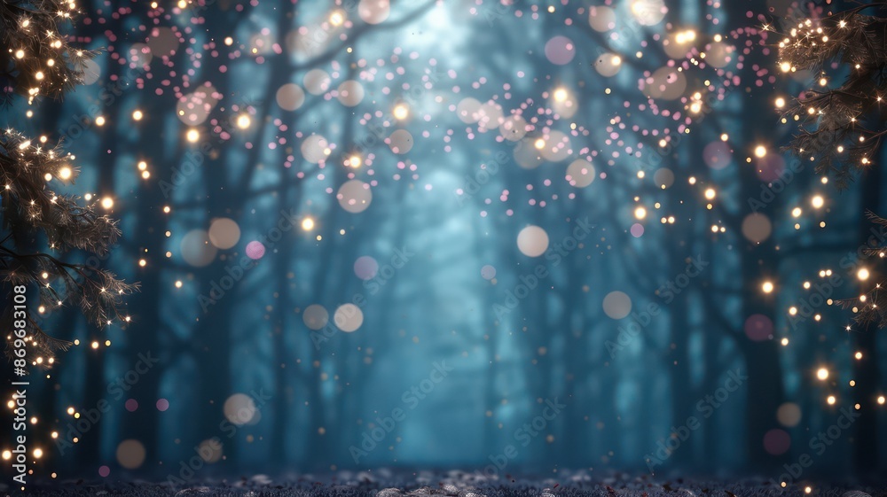 Poster a forest with a blue sky background and a lot of lights. the lights are scattered all over the fores