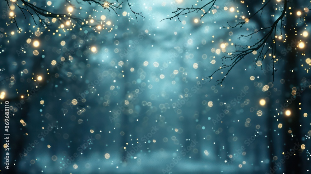 Poster a forest scene with snow falling and twinkling lights in the background