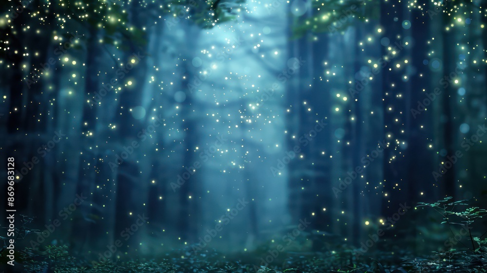 Poster a forest with a lot of light shining through the trees. the light is coming from fireflies