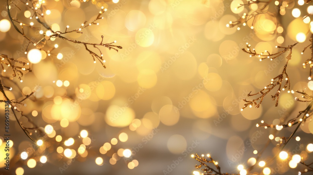 Aufkleber A golden background with a tree branch in the foreground. The branch is lit up with lights, creating a warm and inviting atmosphere
