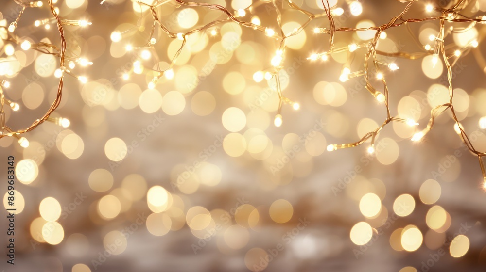 Poster a christmas tree with lights is shown in a blurry background. the lights are twinkling and creating 